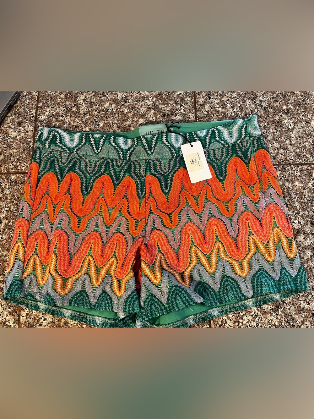 Judith March teal orange retro print crochet shorts med (4-6) side zip NWT - Picture 3 of 5